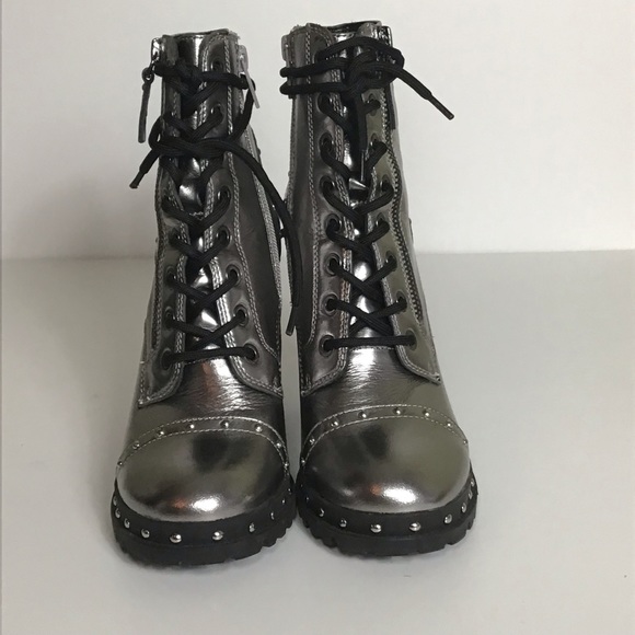 ALDO Silver Metallic Lace Up Military Leather Ankle Boots Isidro Sz 6/36 EU EUC - Picture 2 of 8